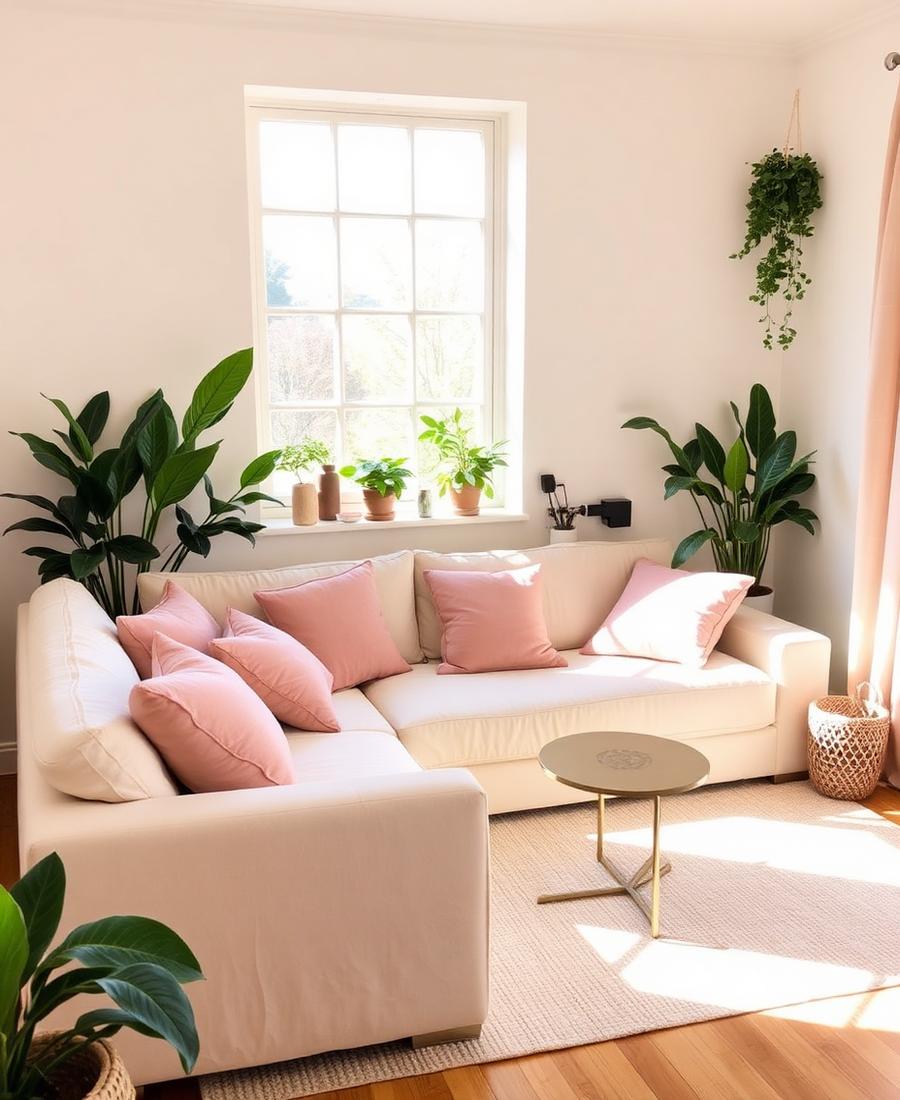 Shared lounge with cream sofa and blush cushions at Go GenZ Stays