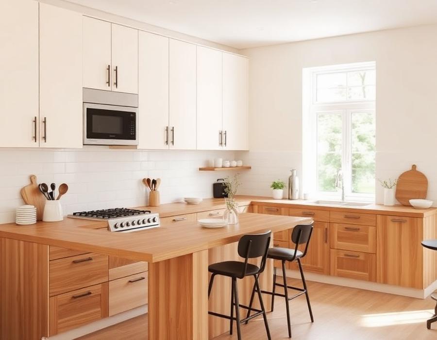 Modern shared kitchen with wooden counters — Go GenZ Stays girls PG
